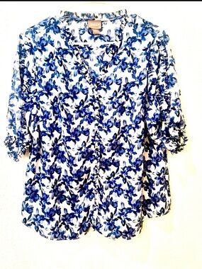 Chico's White Blouse with Blue Floral Print and Ruffle Trim.   Size 2= Large